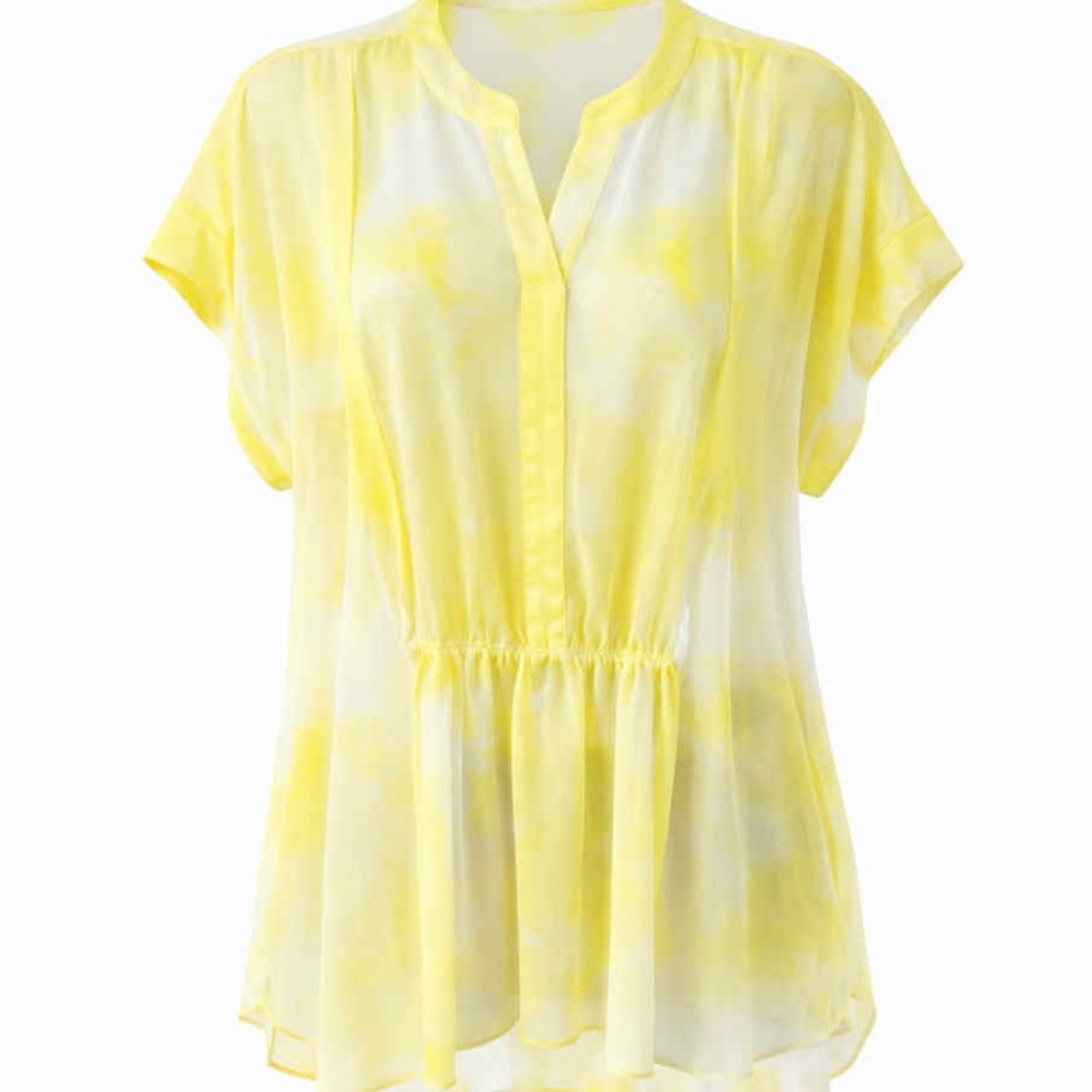 Alfini Yellow Cap Sleeve Boxy Tunic with 
  Mandarin Collar